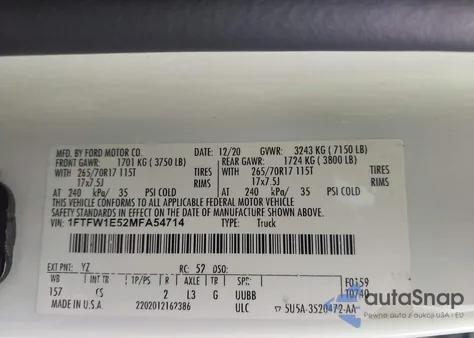 2021 Ford F-150 Xl из США, поврежденный, VIN 1FTFW1E52MFA54714